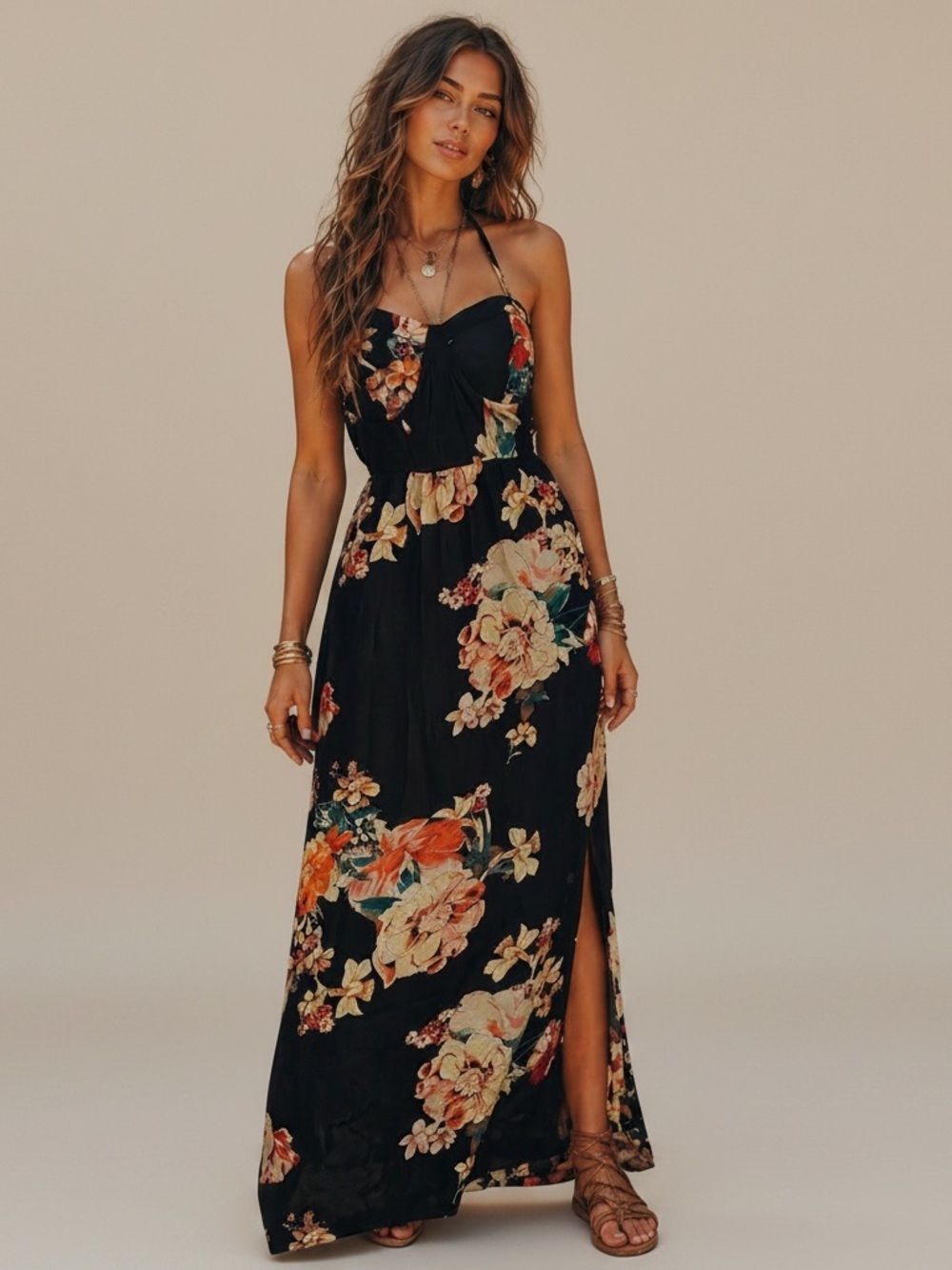New Band of the Free Black w/ Floral Halter Maxi Dress Sz S